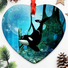 Orca Swimming In A Fantasy World Ornament (heart)  by FantasyWorld7