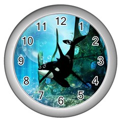 Orca Swimming In A Fantasy World Wall Clocks (silver) 