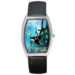 Orca Swimming In A Fantasy World Barrel Metal Watches