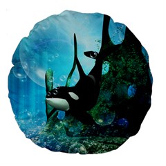 Orca Swimming In A Fantasy World Large 18  Premium Round Cushions