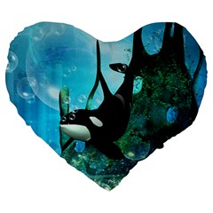 Orca Swimming In A Fantasy World Large 19  Premium Heart Shape Cushions