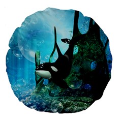 Orca Swimming In A Fantasy World Large 18  Premium Flano Round Cushions