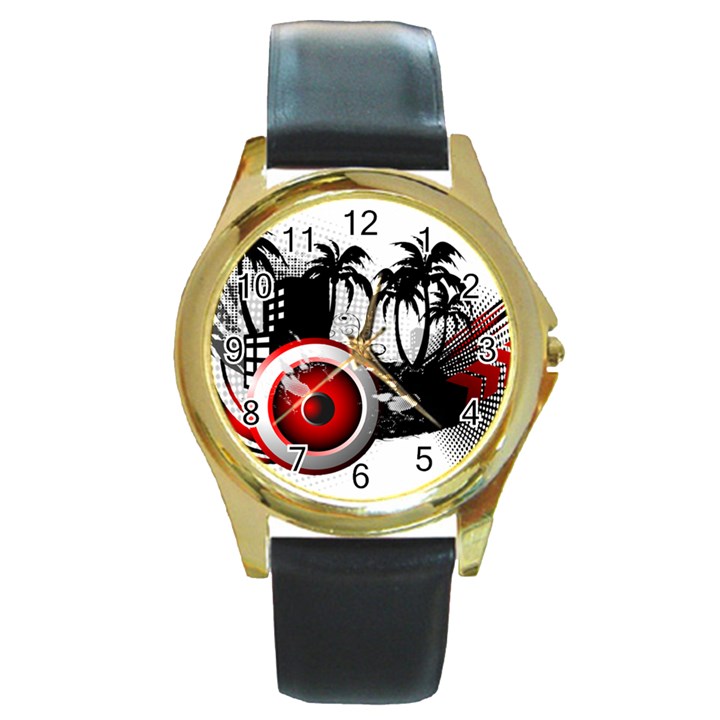 music, speaker Round Gold Metal Watches