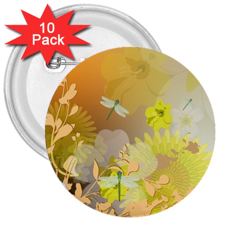 Beautiful Yellow Flowers With Dragonflies 3  Buttons (10 pack) 