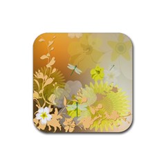 Beautiful Yellow Flowers With Dragonflies Rubber Coaster (square) 