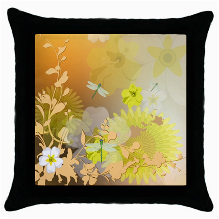 Beautiful Yellow Flowers With Dragonflies Throw Pillow Cases (Black)