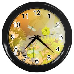 Beautiful Yellow Flowers With Dragonflies Wall Clocks (black)