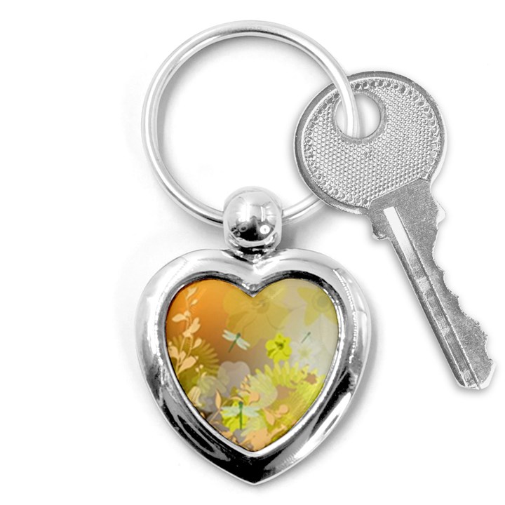 Beautiful Yellow Flowers With Dragonflies Key Chains (Heart) 