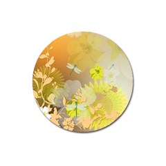 Beautiful Yellow Flowers With Dragonflies Magnet 3  (round) by FantasyWorld7