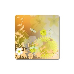 Beautiful Yellow Flowers With Dragonflies Square Magnet