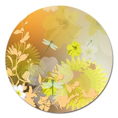 Beautiful Yellow Flowers With Dragonflies Magnet 5  (round) by FantasyWorld7