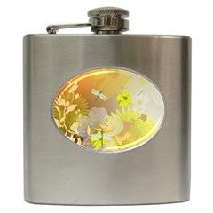 Beautiful Yellow Flowers With Dragonflies Hip Flask (6 Oz)