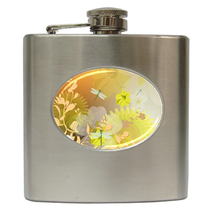 Beautiful Yellow Flowers With Dragonflies Hip Flask (6 oz)