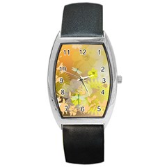 Beautiful Yellow Flowers With Dragonflies Barrel Metal Watches