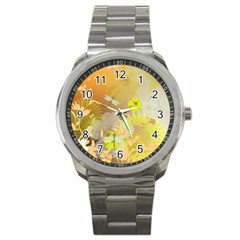 Beautiful Yellow Flowers With Dragonflies Sport Metal Watches