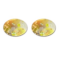 Beautiful Yellow Flowers With Dragonflies Cufflinks (oval)