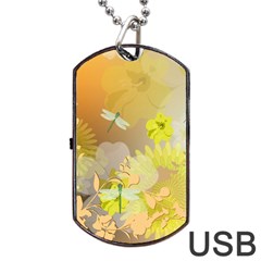 Beautiful Yellow Flowers With Dragonflies Dog Tag Usb Flash (one Side) by FantasyWorld7