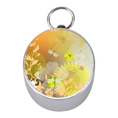 Beautiful Yellow Flowers With Dragonflies Mini Silver Compasses