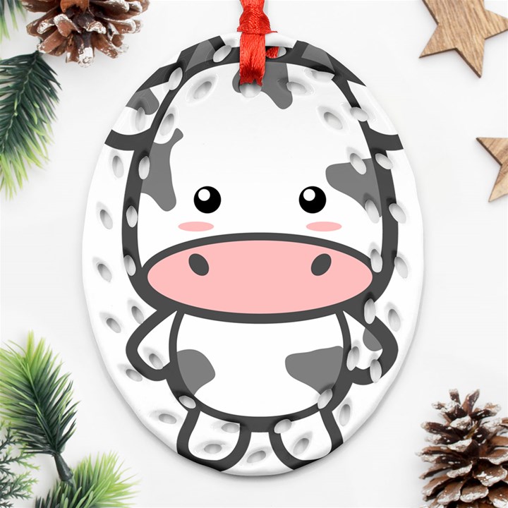 Kawaii Cow Oval Filigree Ornament (2-Side) 