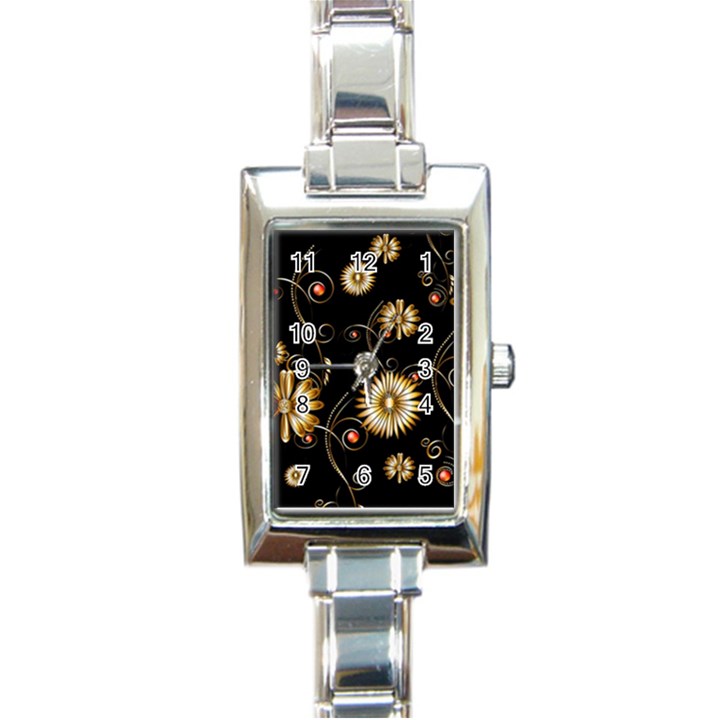 Golden Flowers On Black Background Rectangle Italian Charm Watches