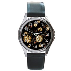 Golden Flowers On Black Background Round Metal Watches