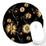 Golden Flowers On Black Background Round Mousepads