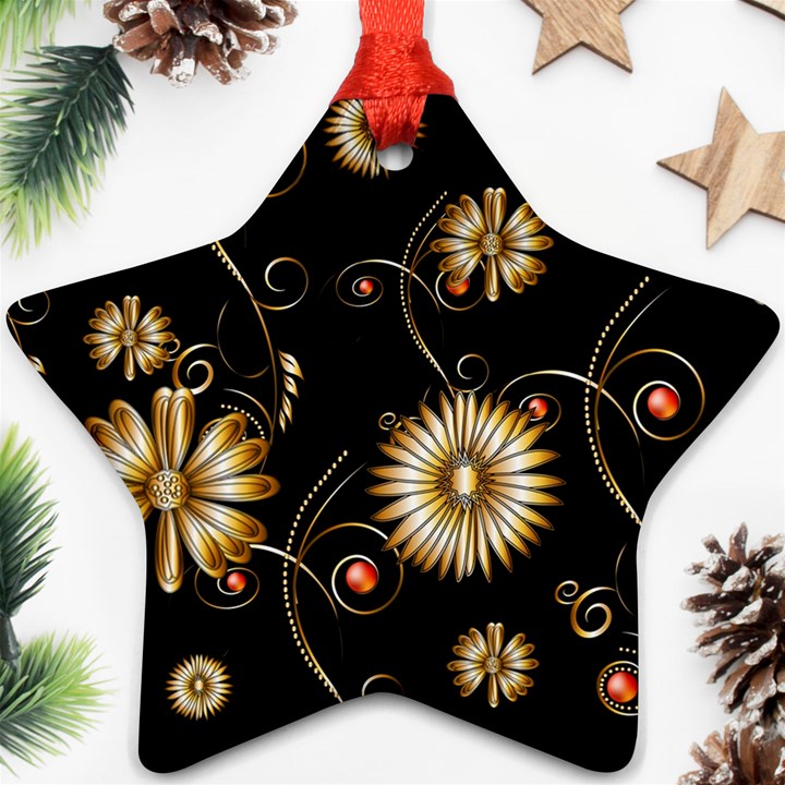 Golden Flowers On Black Background Ornament (Star) 