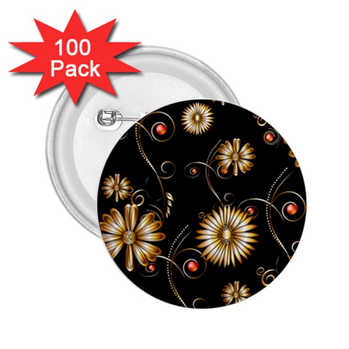 Golden Flowers On Black Background 2.25  Buttons (100 pack) 