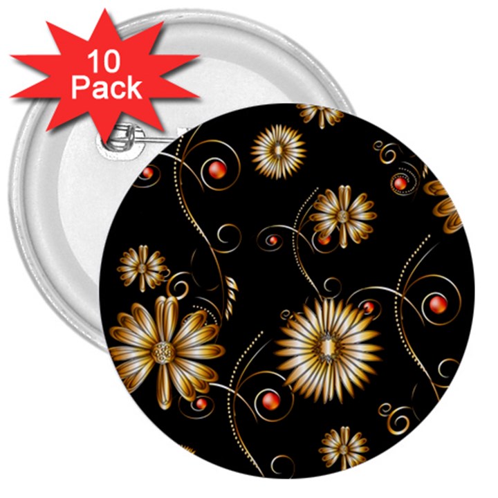 Golden Flowers On Black Background 3  Buttons (10 pack) 