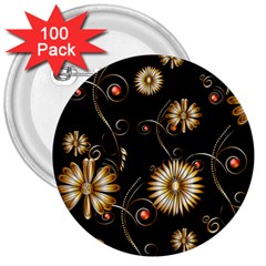 Golden Flowers On Black Background 3  Buttons (100 Pack) 