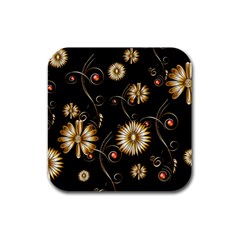 Golden Flowers On Black Background Rubber Square Coaster (4 Pack) 