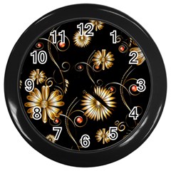 Golden Flowers On Black Background Wall Clocks (black)