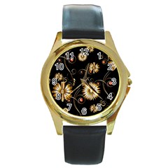 Golden Flowers On Black Background Round Gold Metal Watches