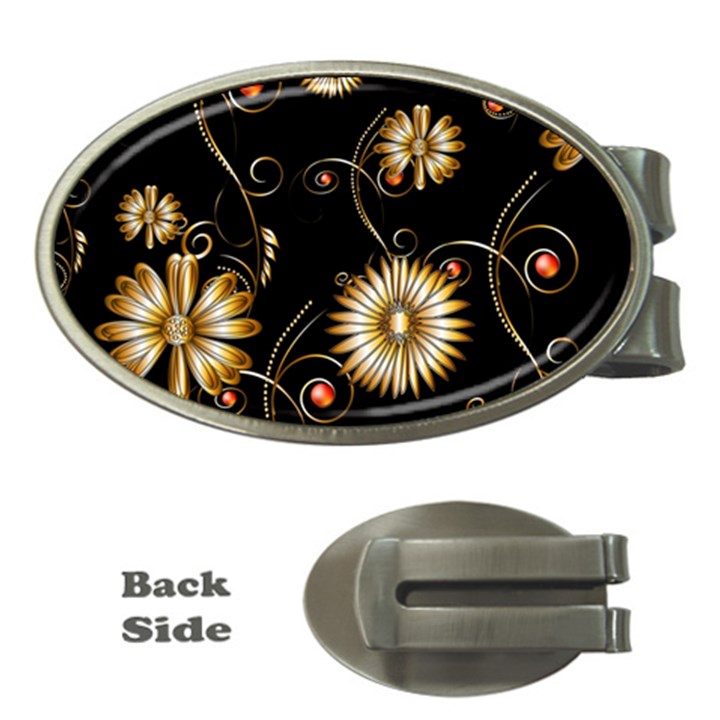 Golden Flowers On Black Background Money Clips (Oval) 