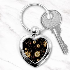 Golden Flowers On Black Background Key Chains (heart) 