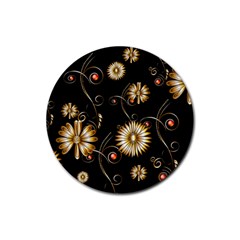 Golden Flowers On Black Background Rubber Coaster (round) 