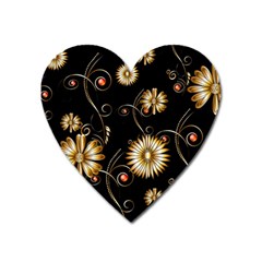 Golden Flowers On Black Background Heart Magnet