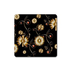 Golden Flowers On Black Background Square Magnet