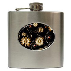 Golden Flowers On Black Background Hip Flask (6 Oz)