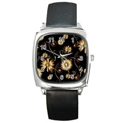 Golden Flowers On Black Background Square Metal Watches by FantasyWorld7