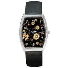 Golden Flowers On Black Background Barrel Metal Watches