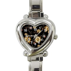 Golden Flowers On Black Background Heart Italian Charm Watch