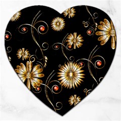 Golden Flowers On Black Background Jigsaw Puzzle (heart)