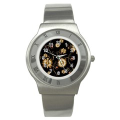 Golden Flowers On Black Background Stainless Steel Watches