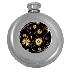 Golden Flowers On Black Background Round Hip Flask (5 Oz)