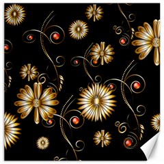 Golden Flowers On Black Background Canvas 12  X 12  