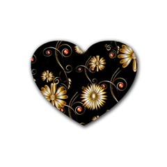 Golden Flowers On Black Background Rubber Coaster (heart) 