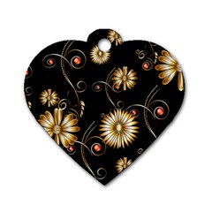 Golden Flowers On Black Background Dog Tag Heart (two Sides)