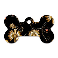 Golden Flowers On Black Background Dog Tag Bone (one Side)