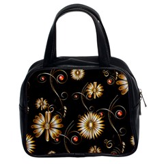 Golden Flowers On Black Background Classic Handbags (2 Sides) by FantasyWorld7